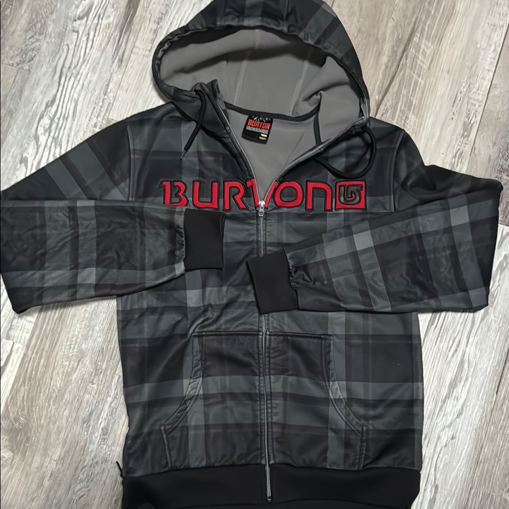 Burton Ski Hoodie Men's Medium Grey Checkered Full Zip Winter Logo Fleece